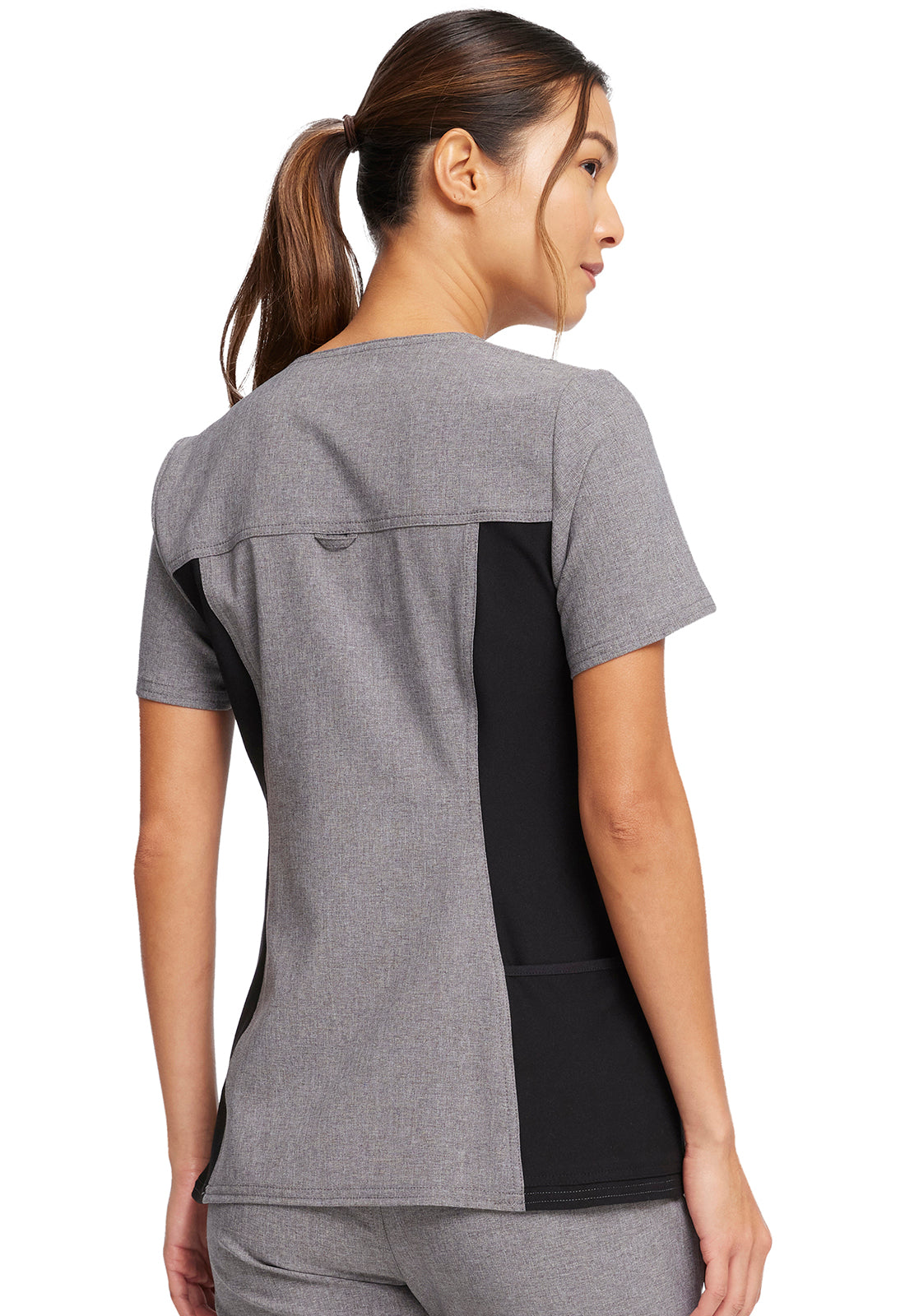 CK605 - V-Neck Knit Panel Top in Heather Grey - Cherokee iFlex